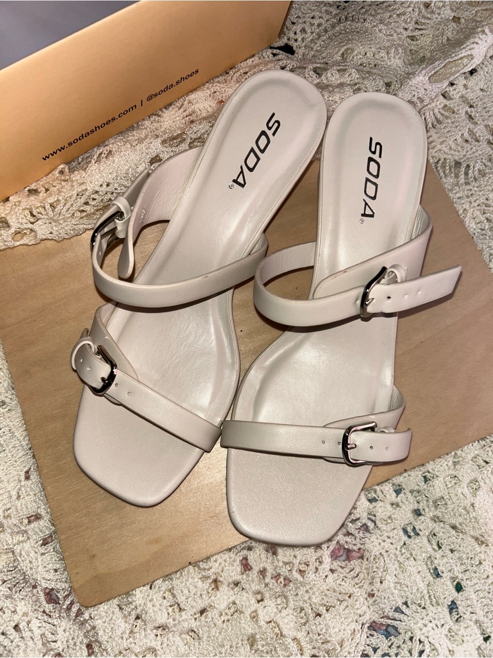 Soda Cream Strappy Buckle Square-Toe Sandals